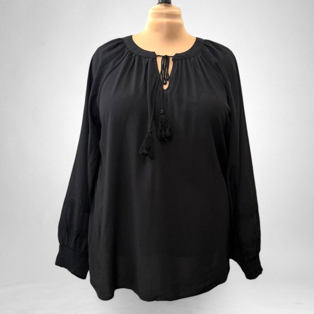FIND ME PLUS Lightweight Black Peasant Boho Tie Front Blouse, NWT! Size 3XL